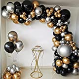111PCS Black Gold and Silver Balloon Garland Arch Kit Metallic Black Metallic Gold Chrome Silver Latex Balloons Set for Birthday New Year Bachelorette Wedding Graduation Party Decoration