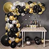 COVANNI Black Gold and Silver Balloon Garland Arch Kit, 125Pcs 18 Inch 12 Inch 10 Inch 5 Inch Black Metallic Gold Chrome Silver Gold Confetti Latex Balloons for Baby Shower Wedding Birthday Graduation Anniversary Bachelorette Party Background Decorations