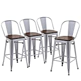 Yongqiang 24" Bar Stools Set of 4 High Back Metal Counter Height Chairs Barstools with Wooden Seat Industrial Bar Chairs Silver