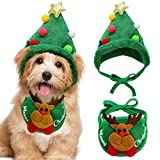 2 Pieces Pet Dog Christmas Tree Hat Xmas cat Outfit Headgear Costume Small Dog Santa Adjustable Collars Bib Christmas Dog Green Hat Clothing Party Accessory Set