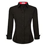 Womens Cotton Stretch Button Down Shirt Regular Fit Long Sleeve Work Office Blouse Dress Shirts Black L