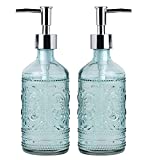 Embossed Glass Soap and Lotion Dispenser Bottles with Plastic Pump-12OZ-Set of 2 (Blue)