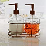 Circleware Vintage Soap Dispenser Bottle Pumps in Metal Caddy 3-Piece Set of Home Bathroom Accessories, Farmhouse Decor for Essential Oils, Lotions and Liquids, 17.5 oz, Bronze Hobnail