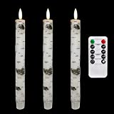 Homemory 3 Pcs Birch LED Taper Candles with Timer, Real Wax Battery Operated Window Candles with Remote, 9.6 Inches Flameless Flickering Candlesticks for Fireplace Christmas Halloween Wedding