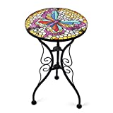 Liffy Outdoor Mosaic Side Table Butterfly Bench Small Patio Round Printed Glass Table for Garden, Yard or Lawn