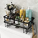 Bathroom Organizer Over The Toilet Storage Shelf, Iron Restroom Organizers with Hanging Hook & Adhesive Base, No Drilling Space Saver with Wall Mounting Design (Black)