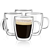 Double Wall Glass Coffee mugs, (4-Pcak) 16 Ounces-Clear Glass Coffee Cups with Handle,Insulated Coffee Glass,Cappuccino Cups,Tea Cups,Latte Cups,Beverage Glasses Heat Resistant