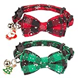 Christmas Cat Collar Breakaway with Cute Bow Tie Bell - 2 Pack Kitten Collar Red Green Plaid Pattern Xmas Kitten Collar with Removable Bowtie Cat Bow tie Collar for Kitten Cat (Red&Green-1)