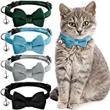 4 Pieces Breakaway Cat Collars with Bell and Bowtie Comfortable Velvet Cat Collar with Cute Buckle Solid Color Pet Collar for Pet Kitten Cats Puppy (Black, Gray, Dark Green, Blue)