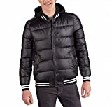 GUESS Men's Varsity Puffer Jacket with Hood, black, Large
