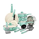 GreenLife Soft Grip Healthy Ceramic Nonstick 16 Piece Kitchen Cookware Pots and Frying Sauce Pans Set, PFAS-Free, Dishwasher Safe, Turquoise