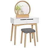 VASAGLE Vanity Table, Makeup Vanity Desk with Rounded Mirror, 2 Drawers, Vanity Set with Upholstered Stool, for Bathroom, Bedroom, Girls Vanity for Gift, Natural and White URDT11K