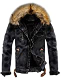 Omoone Men's Button Up Sherpa Fleece Lined Denim Jacket with Faux Fur Collar (Black, L)