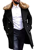 PASLTER Men's Winter Trench Overcoat Removable Faux Fur Collar Top Coat Double Breasted Business Long Pea Coat Black