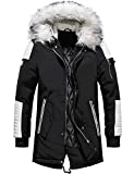 chouyatou Men's Winter Warm Faux Leather Spliced Padded Long Down Alternative Parka Coat Fur Hood (Medium, Black)
