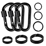 cridoz Carabiner Keychain Clip Hook, 3pcs Locking Carabiner D Ring Clips with 9pccs Black Flat Key Ring for Water Bottles, Dog Tags and Car Keys (Assorted Sizes)