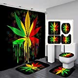 Jayden&Madge 4PCS/Set Weed Leaf Shower Curtain, Jamaican Rasta Reggae Cannabis Marijuana Leaf Bathroom Decor, Waterproof Fabric Black Bath Curtain, Non-Slip Bath Rugs Toilet Carpet, Green Red Yellow