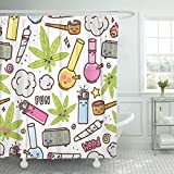 TOMPOP Shower Curtain Green Kawaii Cartoon White Pattern Waterproof Polyester Fabric 72 x 72 Inches Set with Hooks