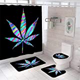 Colorful Leaf Shower Curtain Sets for Bathroom Plant Themed Design Waterproof Bathroom Curtain Set with Rugs Toilet Lid Cover and Bath Mat Black Bathroom Set with 12 Hooks