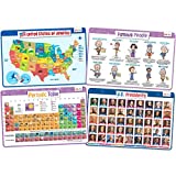 merka Kids' Educational Placemats – Reusable, Non-Slip, Silicone Plastic Mats for Kitchen Counter or Dining Table – Set of 4 Mats Featuring US Map, Famous People, The Periodic Table and US Presidents