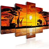 Konda Art Elephant Giraffe Family Canvas Pictures Prints Wall Art Animals Paintings Reproduction for Living Room 5 Panel Framed African Sunset Landscape Giclee Artwork (Hot Safari, 60"x 30")