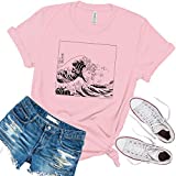 The Great Wave Off Kanagawa Tshirt | Graphic Print Tee Shirt | Casual Summer Top | Unisex Sizing (Large, Pink - Outline)