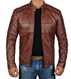 Decrum Brown Moto Leather Jacket Mens - Quilted Men lambskin Leather Jackets | [1100064] Austin Brown, L