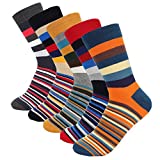 HOYOLS Mens Dress Casual Socks Stripe Patterned Cotton Crew Socks Colorful Business Long Socks 5 Color Pack (L Size) Size 10-13