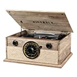 Victrola 4-in-1 Cambridge Farmhouse Modern Bluetooth Turntable with FM Radio, Farmhouse Oatmeal