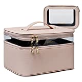 Cosmetic Travel Bag for Women,BAGSMART Roomy Makeup Case with a TSA approved transparent Clear Toiletry Bag,Portable Artist Storage Bag,Double Layer Makeup Bag,Cosmetic Organizer Brush Bag,Leather,Pink