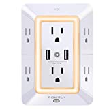 USB Wall Charger, Surge Protector, POWRUI 6-Outlet Extender with 2 USB Charging Ports (2.4A Total) and Night Light, 3-Sided Power Strip with Adapter Spaced Outlets - White，ETL Listed