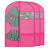 Plixio Garment Bags for Kids Dance Costumes with Transparent Window and Zippered Mesh Pockets for Shoes and Accessory Storage (3 Pack) (Pink: 36" x 23")