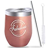 Not a Day Over Fabulous - Birthday Gifts for Women Funny Birthday Christmas Wine Gift Idea for Women Best Friend Her Wife Daughter - 12oz Insulated Wine Tumbler Coffee Cup with Lid Straw Clean Brush