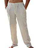 PASLTER Mens Casual Linen Pants Loose Fit Straight-Legs Elastic Drawstring Waist Summer Beach Yoga Long Pants A-Beige