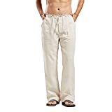 utcoco Qiuse Men's Casual Loose Fit Straight-Legs Stretchy Waist Beach Pants (Large, Beige)