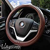 Valleycomfy Universal 15 inch Auto Car Steering Wheel Cover with Coffee Genuine Leather for HRV CRV Accord Corolla Prius Rav4 Tacoma Camry Escape Fusion Focus,etc