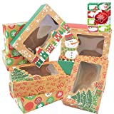 12 Christmas Cookie Boxes -Large Kraft Holiday Bakery Food Container for Gift Giving with 80 Count Christmas Foil Gift Stickers