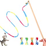 Interactive Cat Toys Rainbow Cat String Toy with Bell, Replaceable Wood Cat Wand with 5PCS Colorful Fabric Ribbon Refills, Safe Cat Catcher Teaser Stick Toy for Kittens Training Pets Exerciser