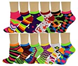 Differenttouch 12 Pairs Pack Women Low Cut Colorful Fancy Design Ankle Socks (9-11, Assorted Neon Design)