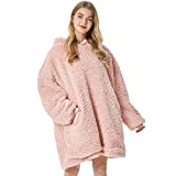 Felicigeely Blanket Sweatshirt,Oversized Fleecehug Hoodie Wearable Blanket,Soft Warm Comfortable Giant Front Pocket for Adults Men Women Teens Friends (Pink, 35 inch)