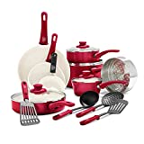 GreenLife Soft Grip Healthy Ceramic Nonstick 16 Piece Kitchen Cookware Pots and Frying Sauce Pans Set, PFAS-Free, Dishwasher Safe, Red