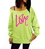 Smile Fish Women's Neon Slouchy 80s Outfit Sweatshirt Off Shoulder Printed Long Tunics Top(0096,Neon Green-Rose,S)