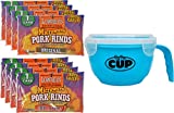 Lowrey's Bacon Curls Microwavable Pork Rinds Variety 8 Count, 4 of Each Original and Hot & Spicy with By The Cup Microwavable Bowl