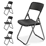 Sekey Garden Patio Furniture Folding Chairs Set, Rattan Look Plastic Outdoor Dining Chairs, Heavy Duty Durable Steel Frames for Indoor & Outdoor, 4-Pack Black.