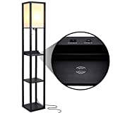 Brightech Maxwell Shelf Floor Lamp w. Wireless Charging Station, USB Port & Outlet - Column Lighting for Bedrooms, Offices & Living Rooms - Contemporary Skinny Nightstand & Tower Light - Black