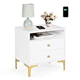 AILEEKISS Nightstand with Wireless Charging Function Wooden Night Stands with 2 Drawers and Open Shelf Storage Cabinet End Table Home Bedside Table for Bedroom (White)