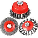 3 Pieces 4 Inch Wire Wheel Brush Cup Brush Set, Coarse Crimped Twisted Knotted Cup Brush, 5/8 Inch-11 Threaded Arbor 0.002 Inch Carbon Steel for Angle Grinder, Heavy Cleaning Rust Stripping Abrasive