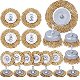 Wire Wheel Cup Brush Set,Coarse Crimped Carbon Steel,Brass Coated Wire Brush Wheel&Cup Brush Set,1/4-Inch Shank-20 Pack