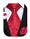 Barry.Wang Solid Color Red Ties Groom Tie Set Hanky Cufflinks