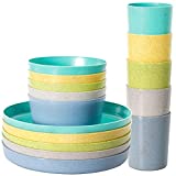 Youngever 15 pcs Bamboo Kids Dinnerware Set of 5 in 5 Assorted Colors, Toddler Dining Set, Cups, Kids Plates, Kids Bowls, Kids Dishes Set